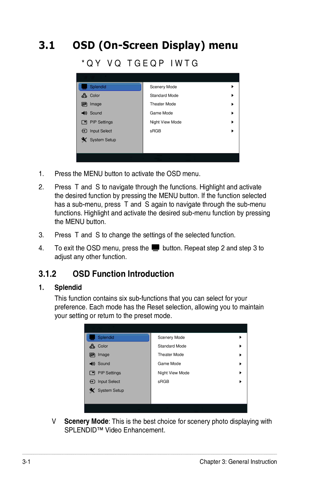 Asus VK278Q, VE278Q, 90LMB5101T11081C OSD On-Screen Display menu, How to reconfigure, OSD Function Introduction, Splendid 