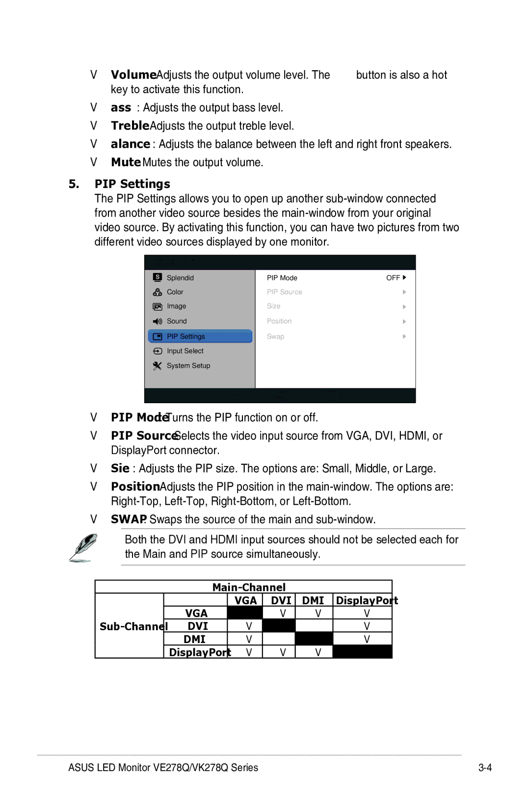 Asus VK278Q, VE278Q, 90LMB5101T11081C Volume Adjusts the output volume level, Key to activate this function, PIP Settings 