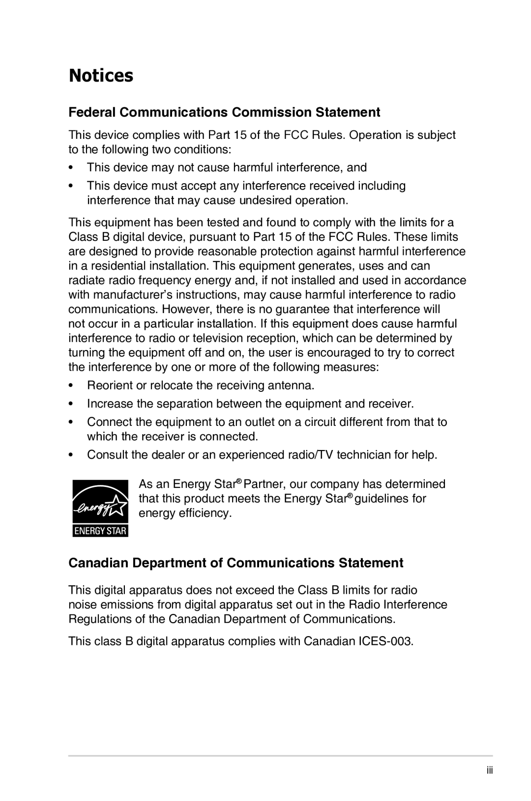 Asus VE278Q, 90LMB5101T11081C Federal Communications Commission Statement, Canadian Department of Communications Statement 