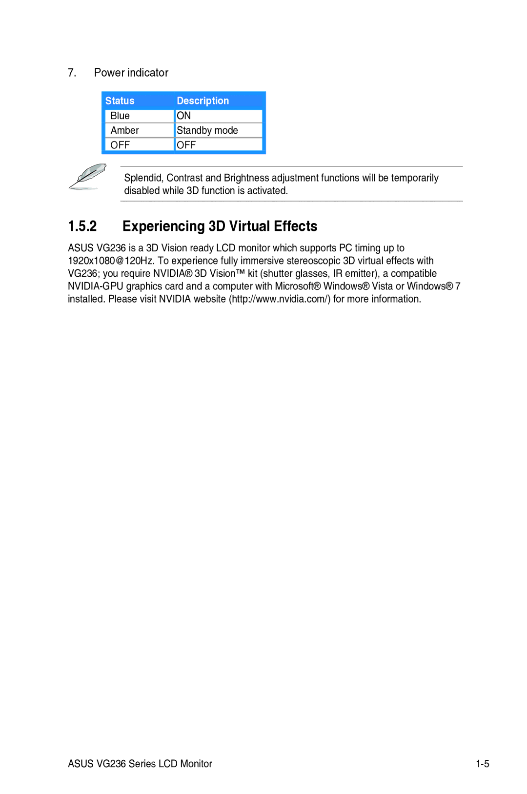 Asus VG236 manual Experiencing 3D Virtual Effects, Power indicator 