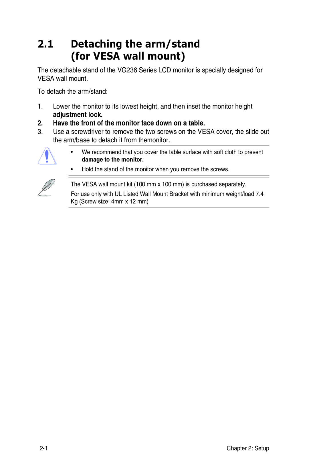 Asus VG236 manual Detaching the arm/stand for Vesa wall mount 