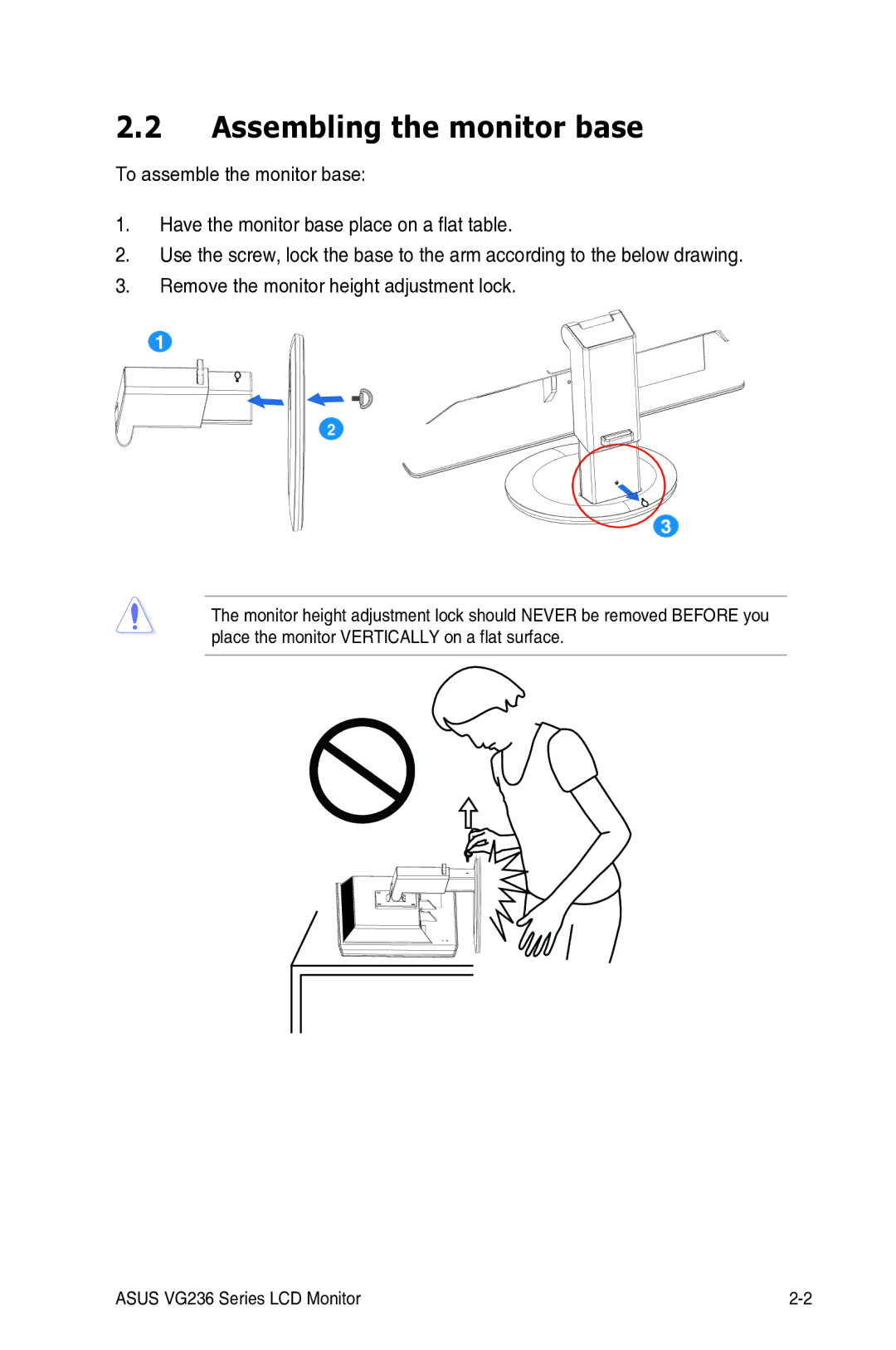 Asus VG236 manual Assembling the monitor base 