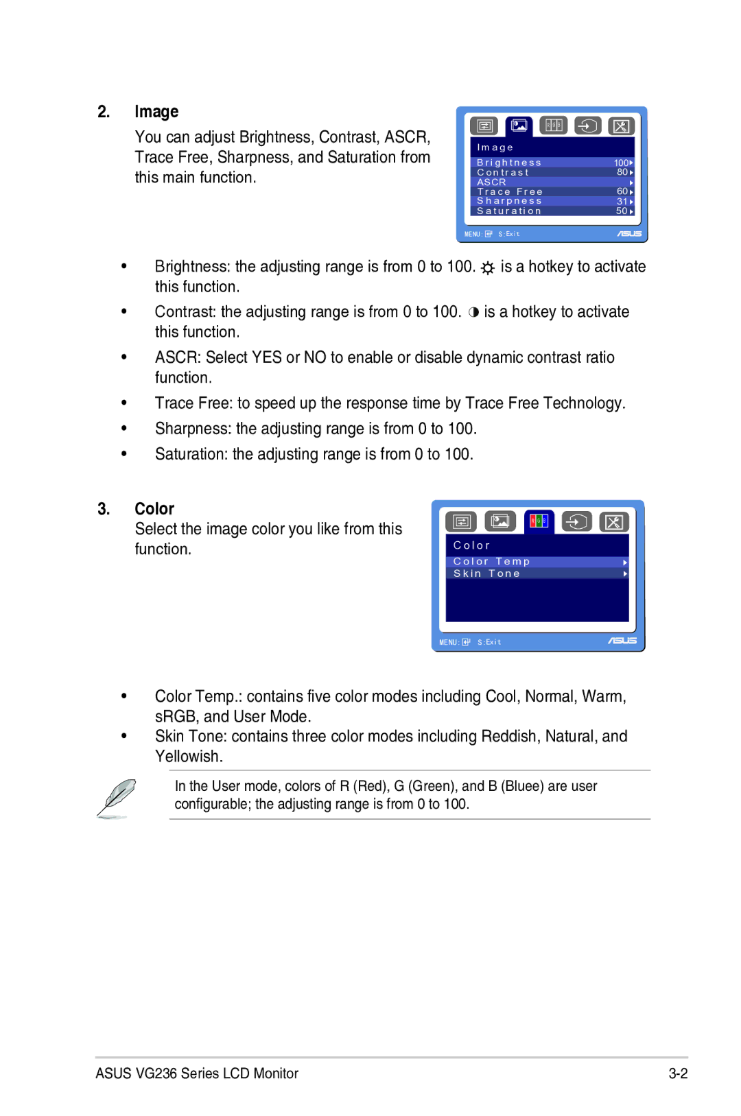 Asus VG236 manual Image, Color, Select the image color you like from this function 