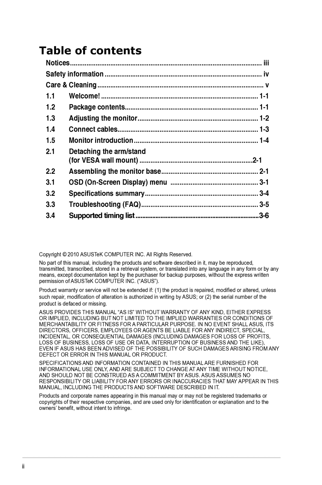 Asus VG236 manual Table of contents 