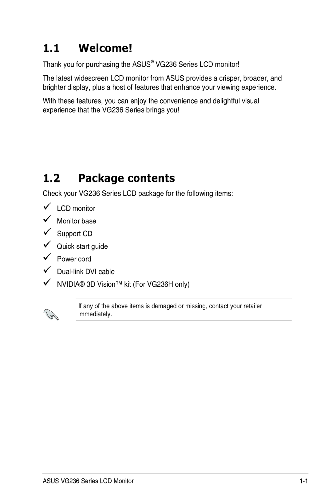 Asus VG236 manual Welcome, Package contents 