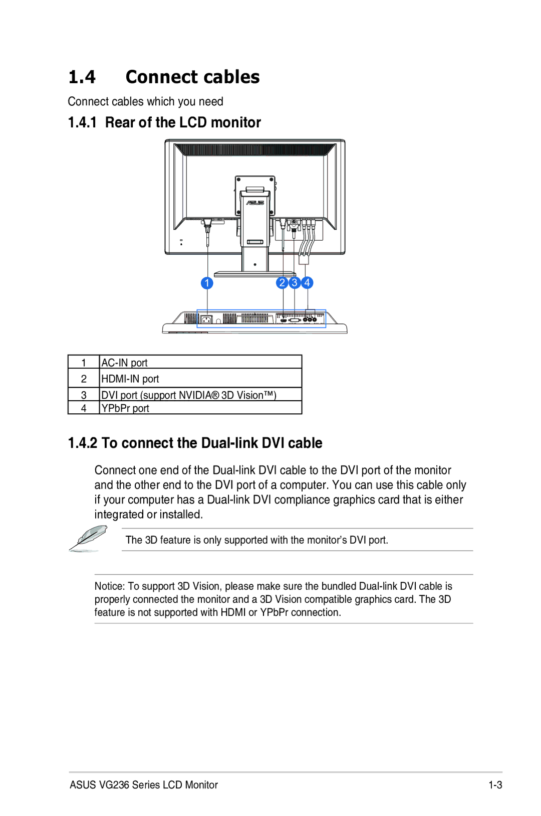 Asus VG236 manual Rear of the LCD monitor, To connect the Dual-link DVI cable, Connect cables which you need 