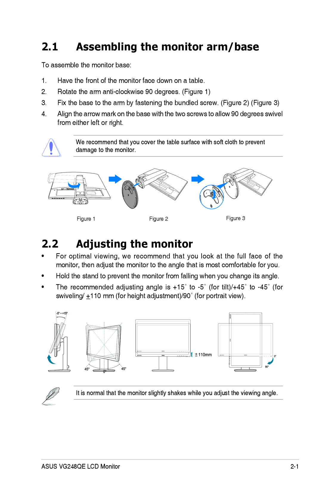 Asus VG248QE, VG248 Series manual Assembling the monitor arm/base, Adjusting the monitor 