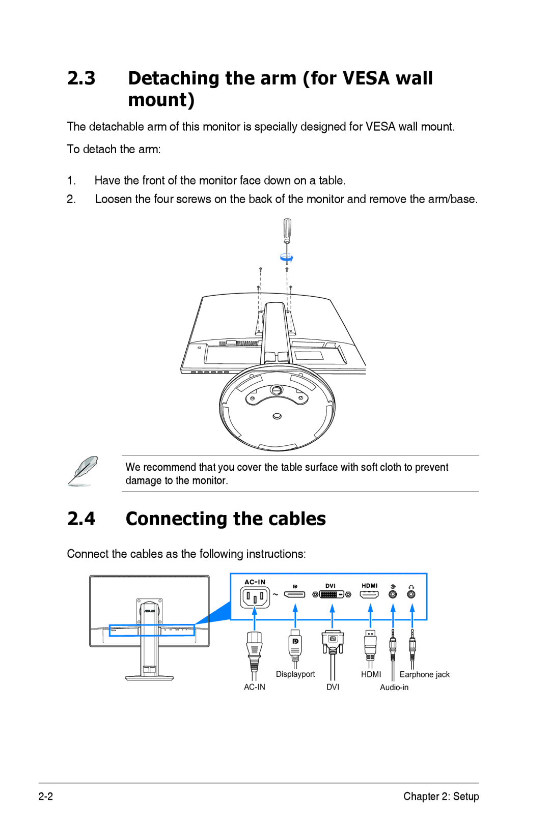 Asus VG248 Series, VG248QE manual Detaching the arm for Vesa wall mount, Connecting the cables 