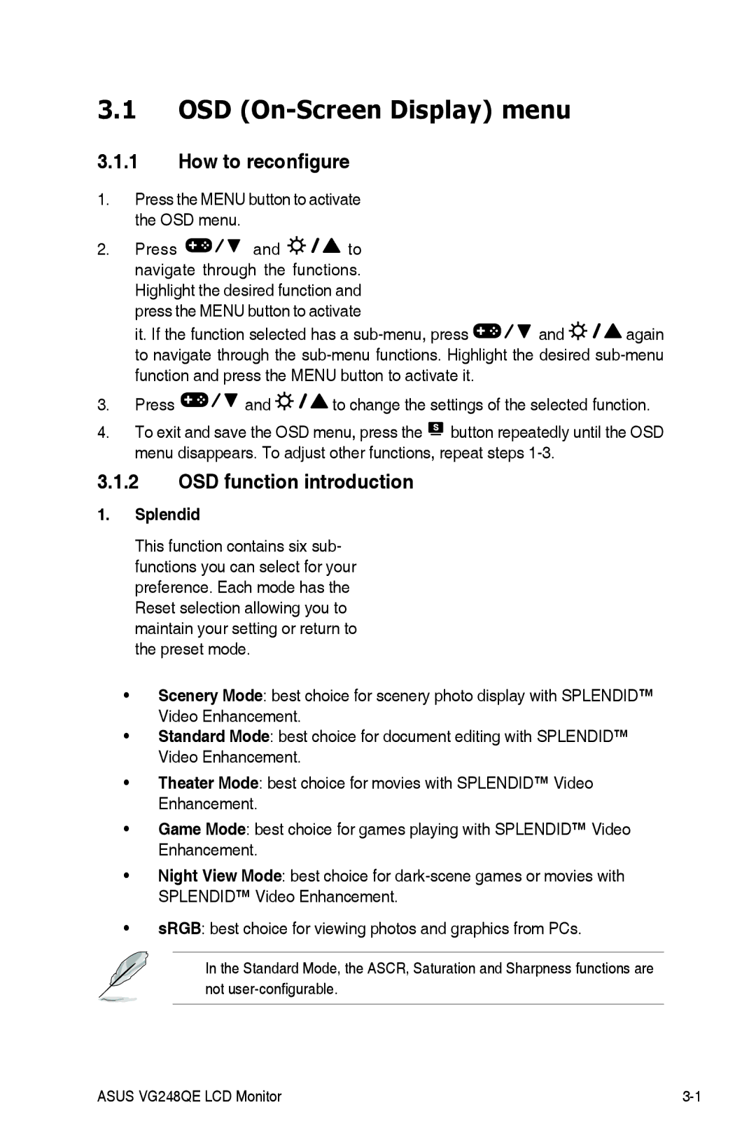 Asus VG248 Series, VG248QE manual OSD On-Screen Display menu, How to reconfigure, OSD function introduction, Splendid 