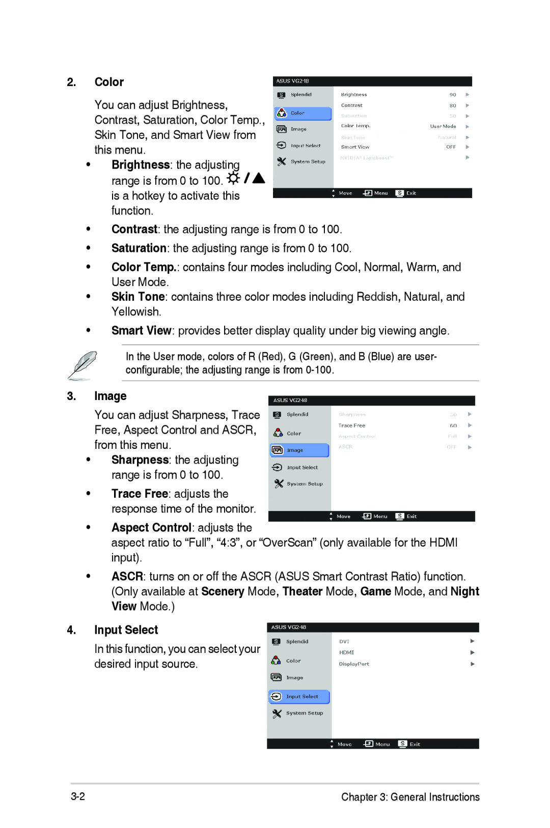 Asus VG248QE, VG248 Series manual Color, Image, Aspect Control adjusts, Input Select 