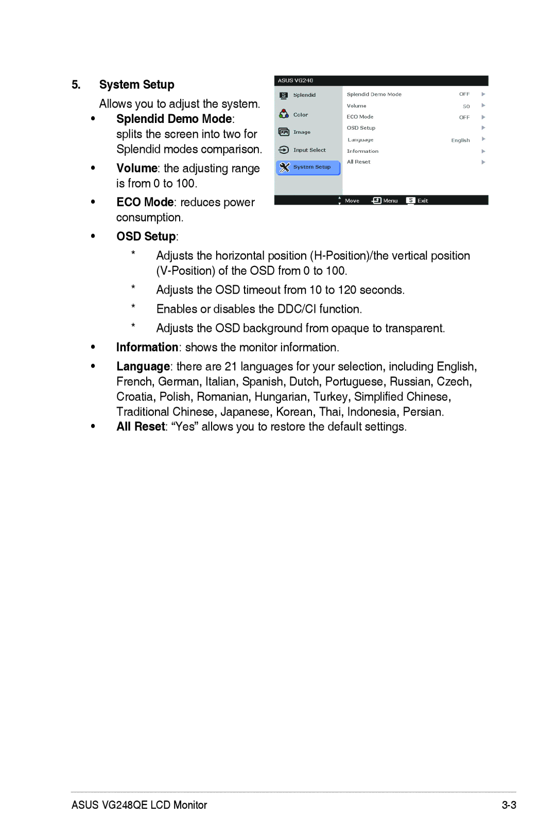 Asus VG248QE, VG248 Series manual System Setup, OSD Setup 