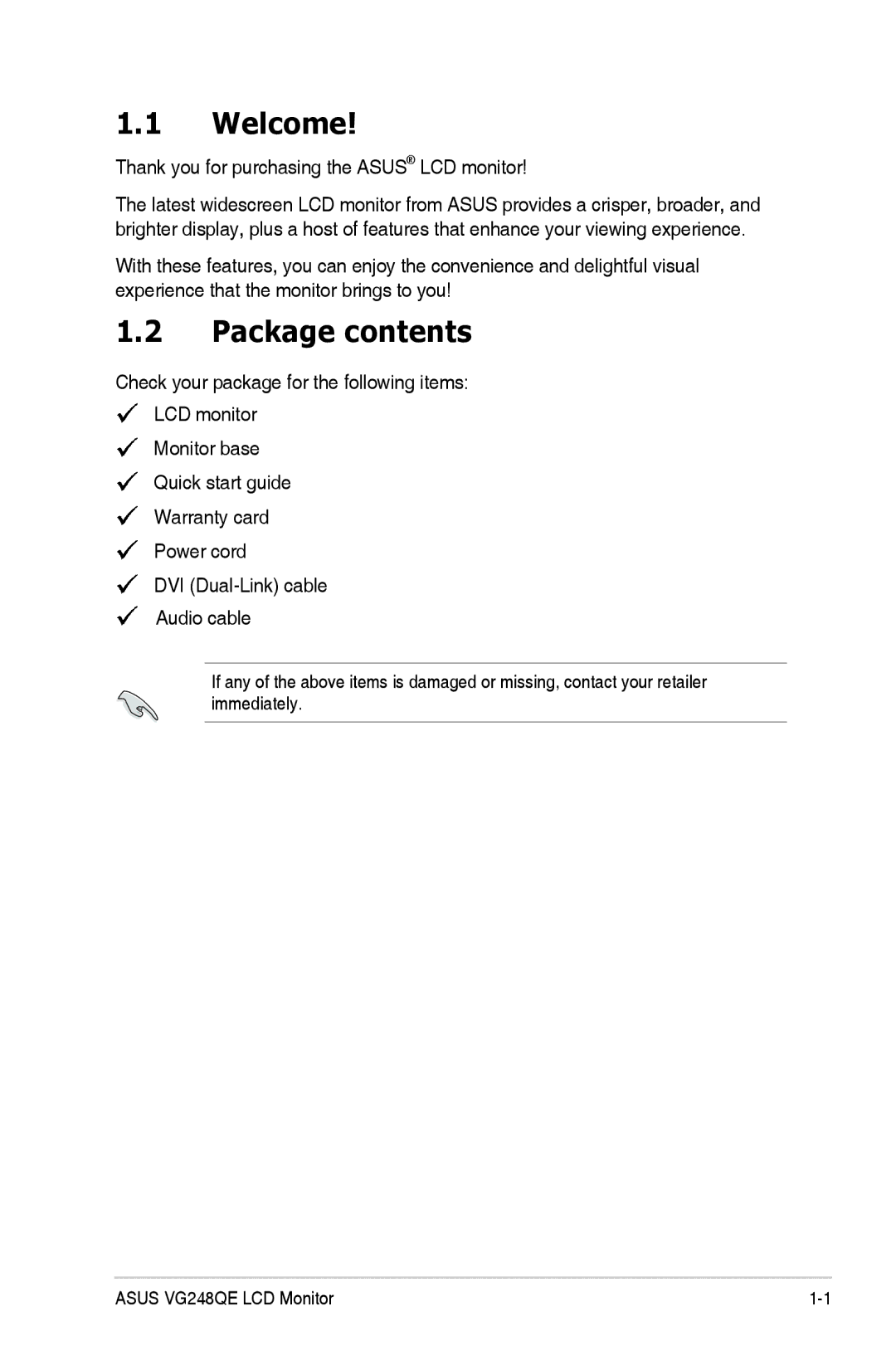 Asus VG248QE, VG248 Series manual Welcome, Package contents 