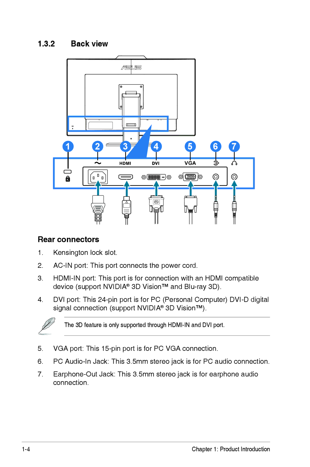 Asus VG278H, 90LME6101T010NCE manual Back view, Rear connectors 