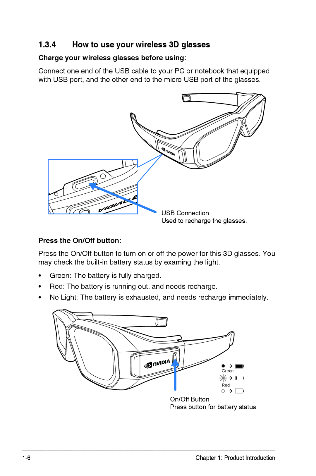 Asus VG278H manual How to use your wireless 3D glasses, Charge your wireless glasses before using, Press the On/Off button 