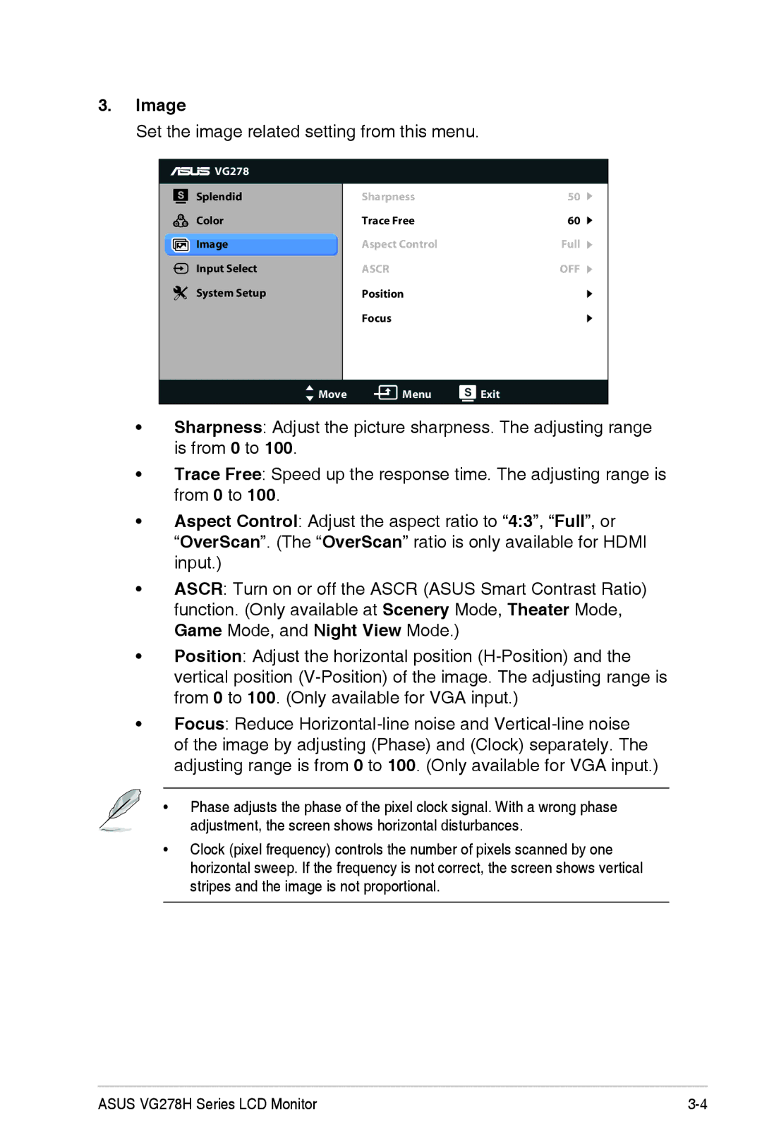 Asus 90LME6101T010NCE, VG278H manual Image, Set the image related setting from this menu 