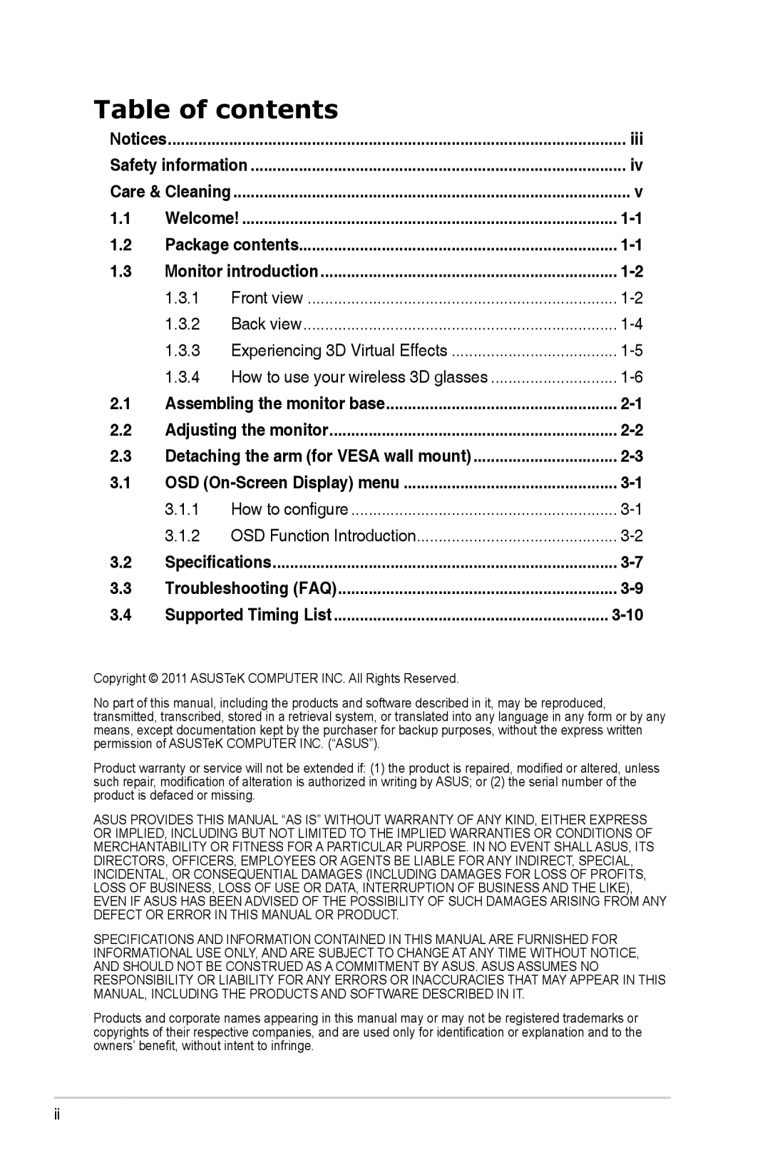 Asus VG278H, 90LME6101T010NCE manual Table of contents 