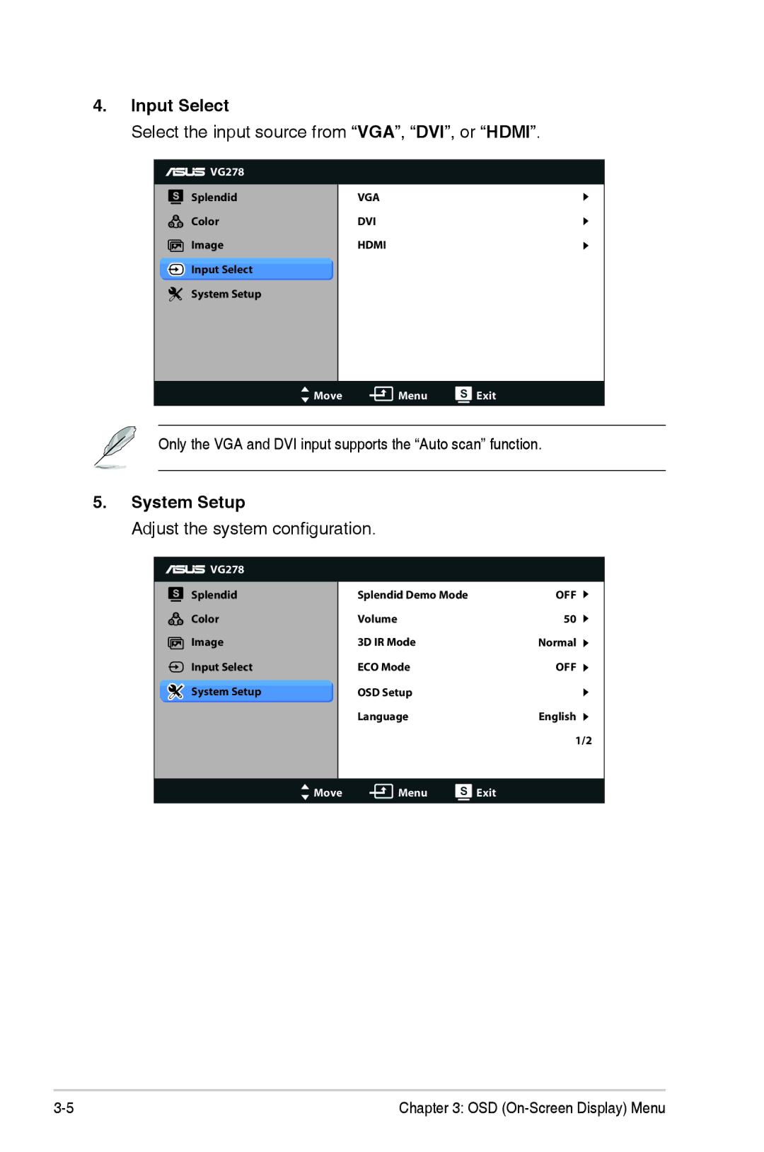 Asus VG278H, 90LME6101T010NCE manual Input Select, System Setup 