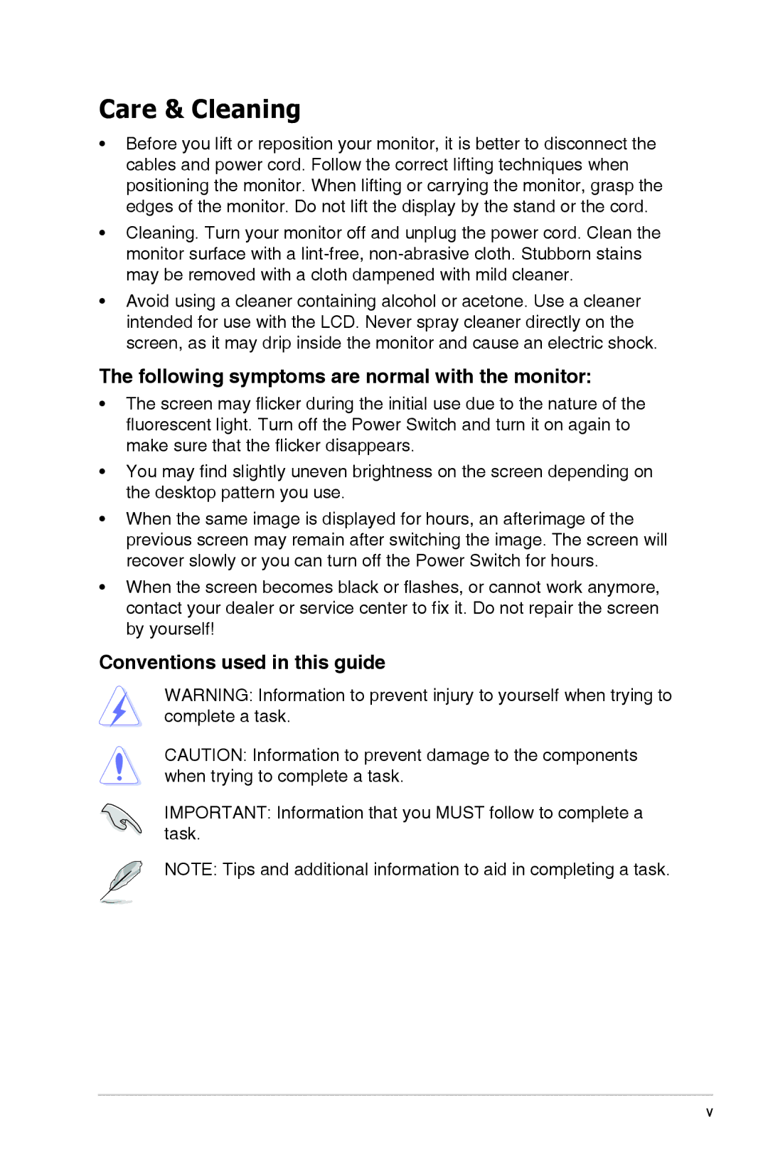 Asus 90LME6101T010NCE Care & Cleaning, Following symptoms are normal with the monitor, Conventions used in this guide 