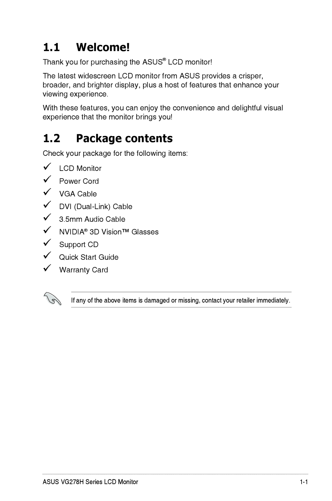 Asus 90LME6101T010NCE, VG278H manual Welcome, Package contents 