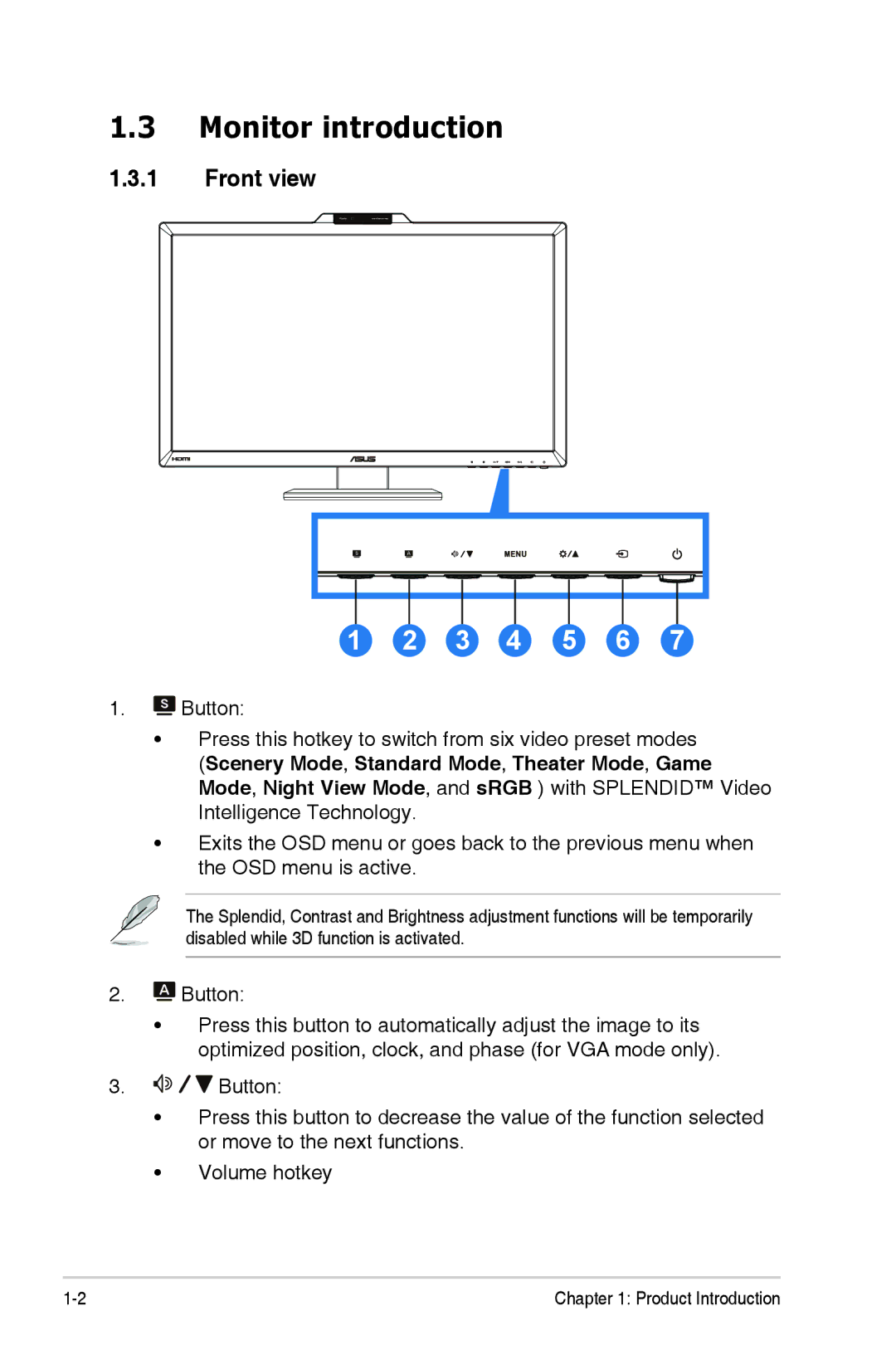 Asus VG278H, 90LME6101T010NCE manual Monitor introduction, Front view 