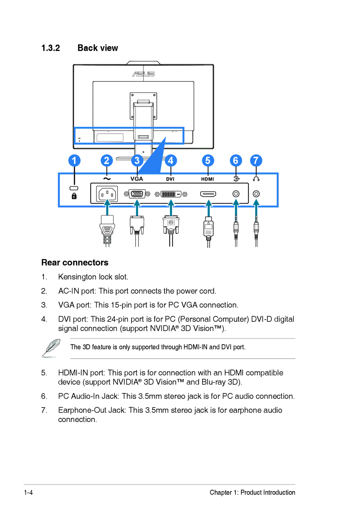 Asus VG278HR manual Back view, Rear connectors 