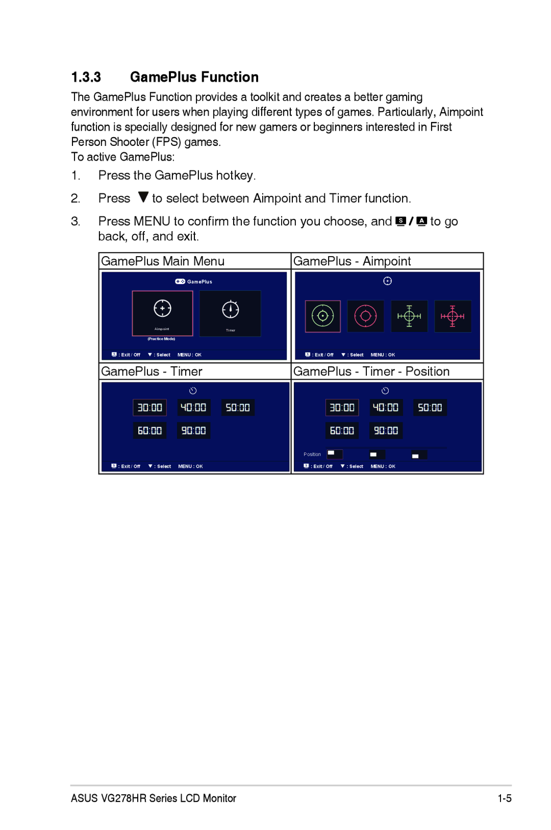 Asus VG278HR manual GamePlus Function 