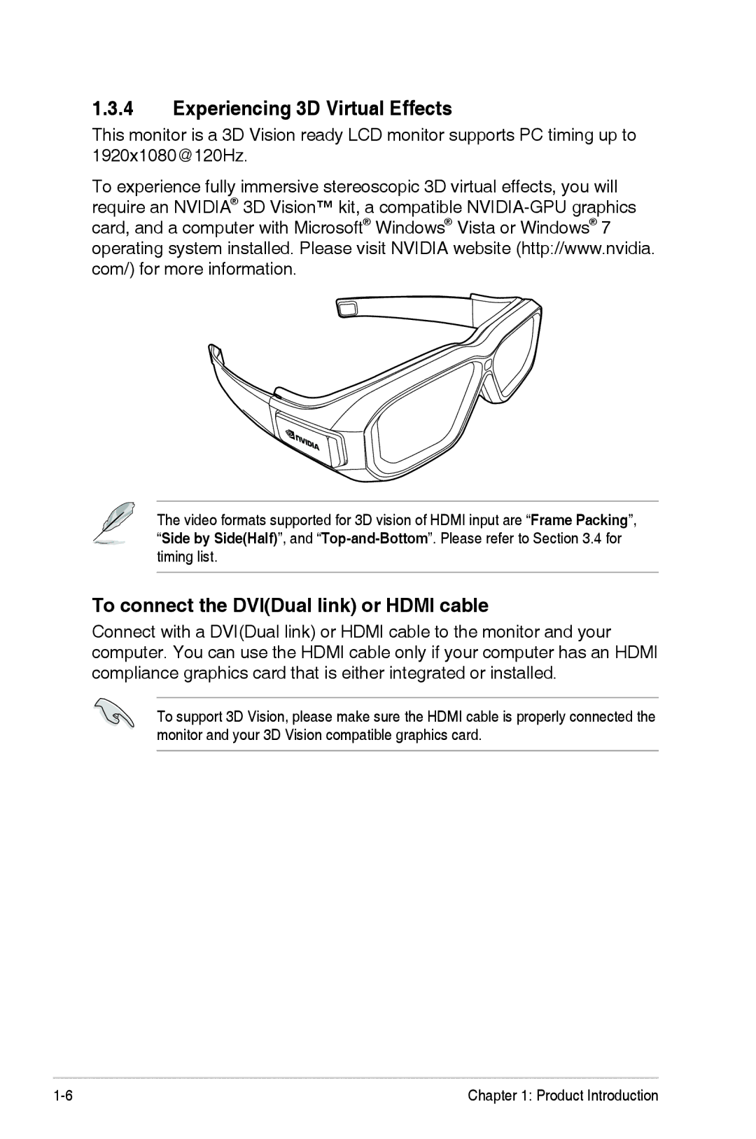 Asus VG278HR manual Experiencing 3D Virtual Effects, To connect the DVIDual link or Hdmi cable 