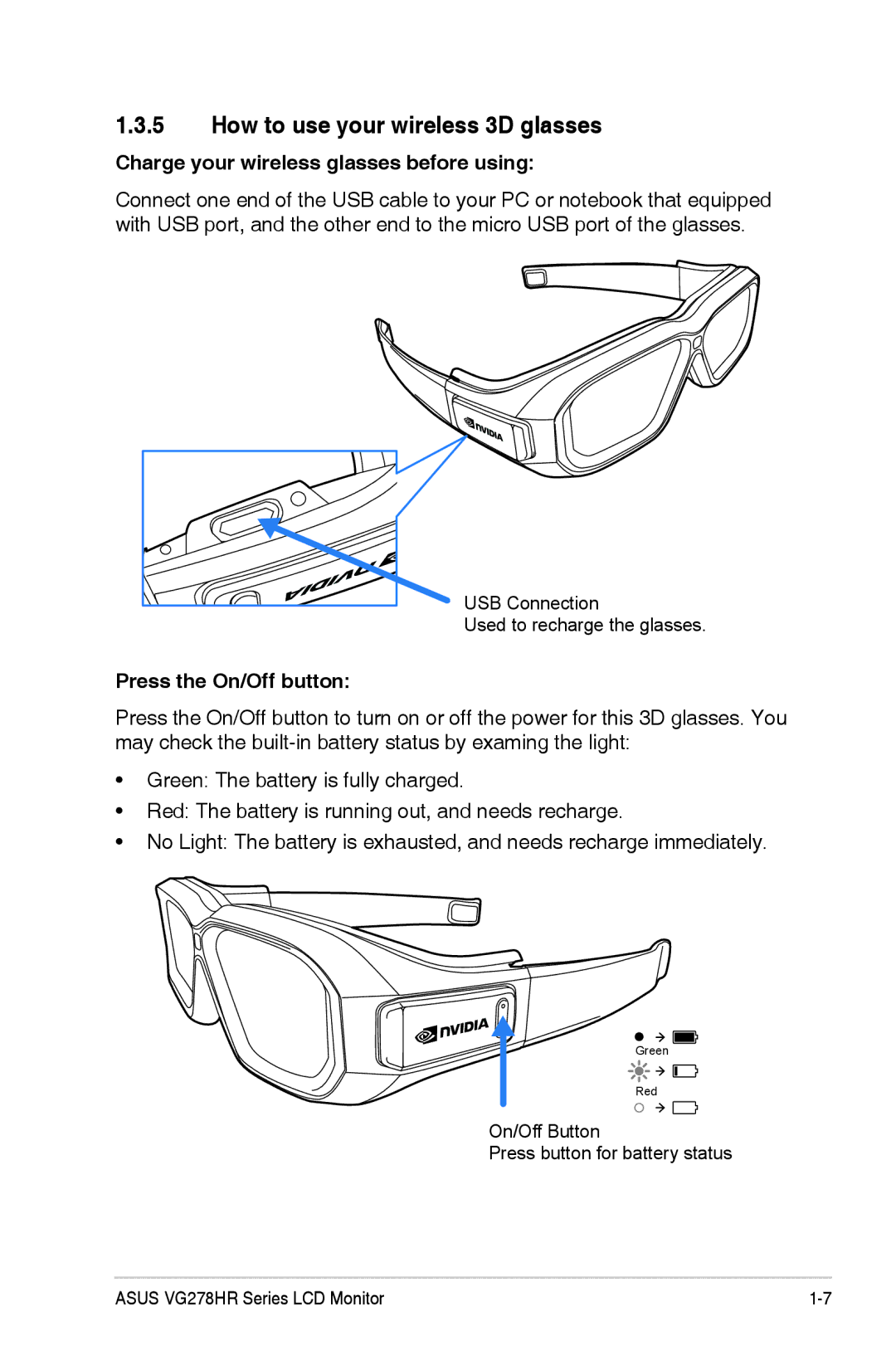 Asus VG278HR manual How to use your wireless 3D glasses, Charge your wireless glasses before using, Press the On/Off button 