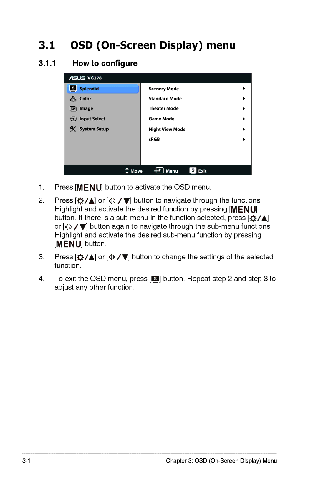 Asus VG278HR manual OSD On-Screen Display menu, How to configure 