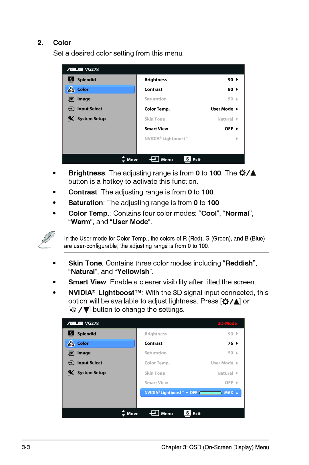 Asus VG278HR manual Color, Set a desired color setting from this menu 