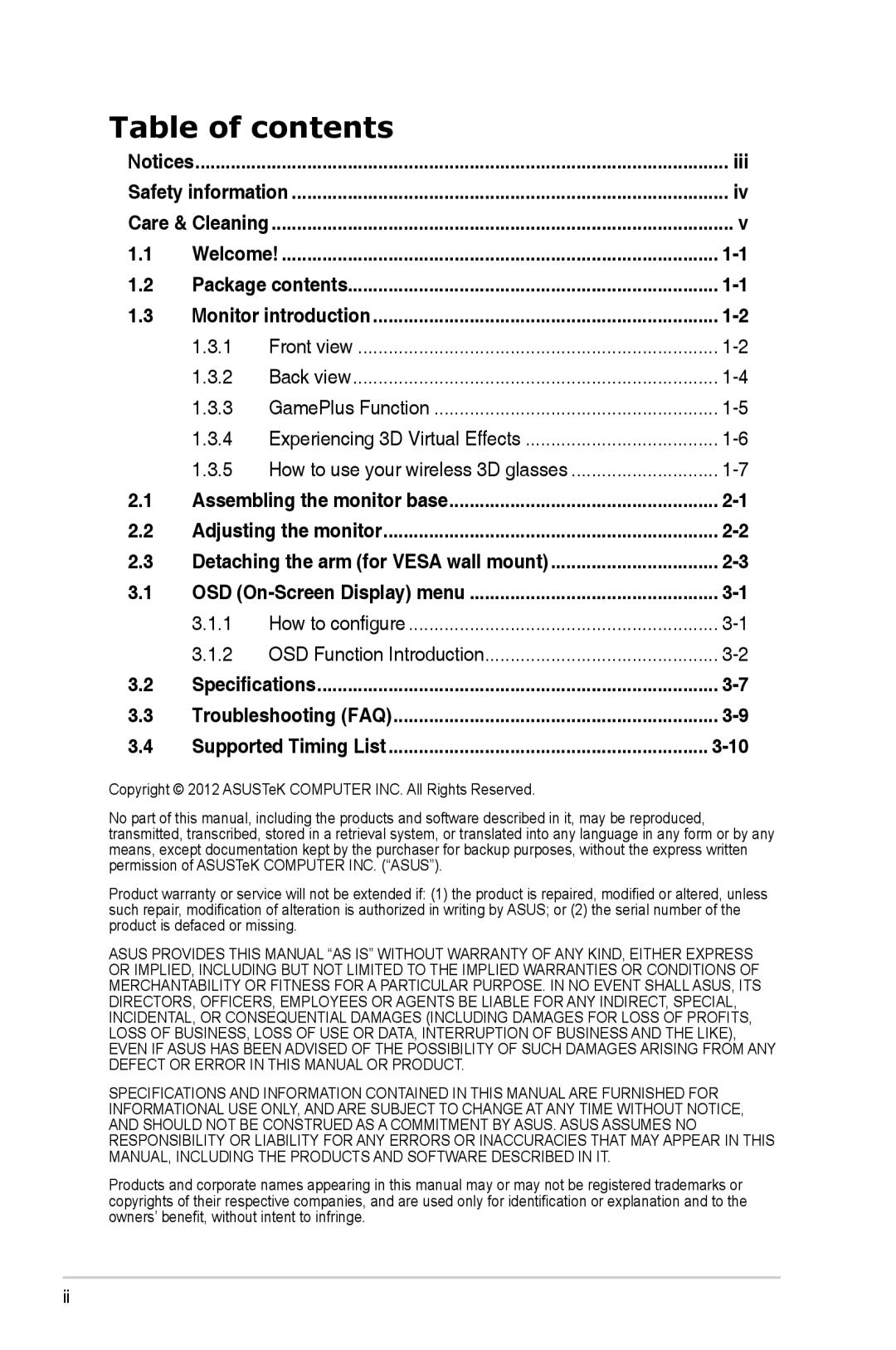 Asus VG278HR manual Table of contents 