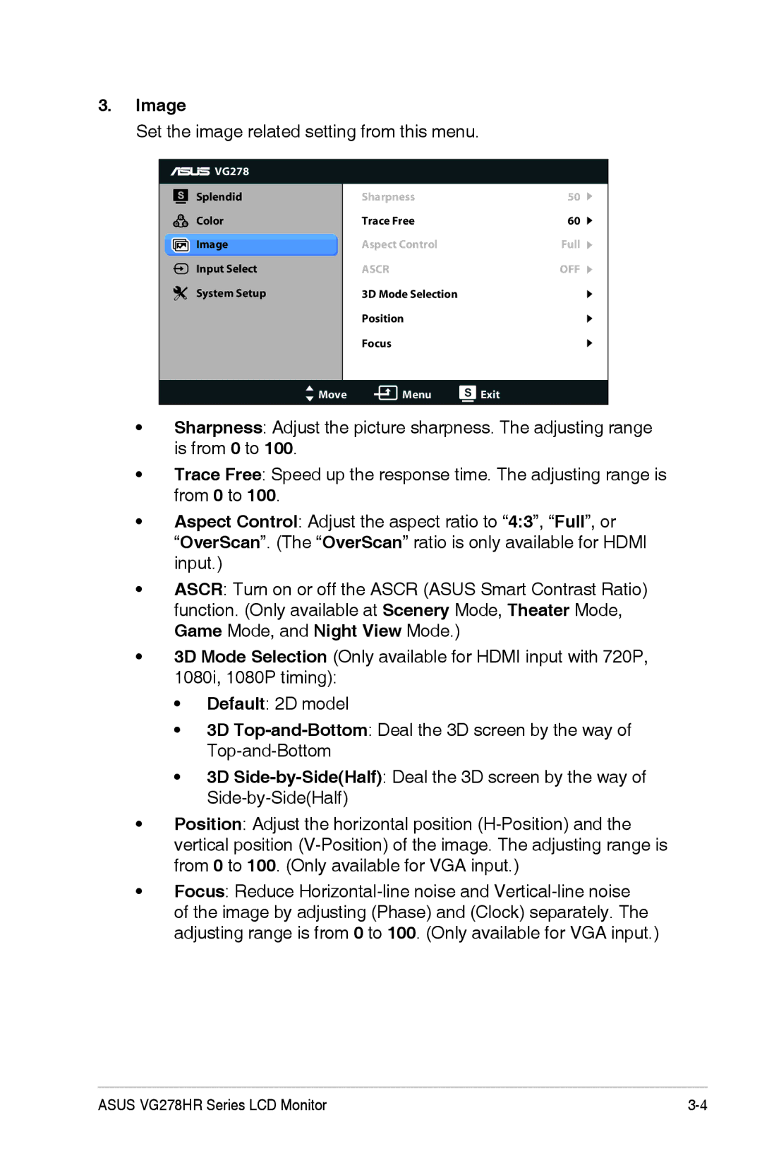 Asus VG278HR manual Image, Set the image related setting from this menu 