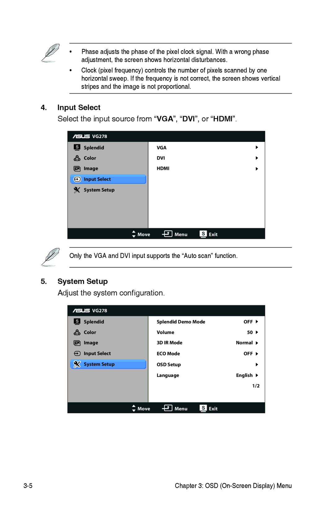 Asus VG278HR manual Input Select, System Setup 