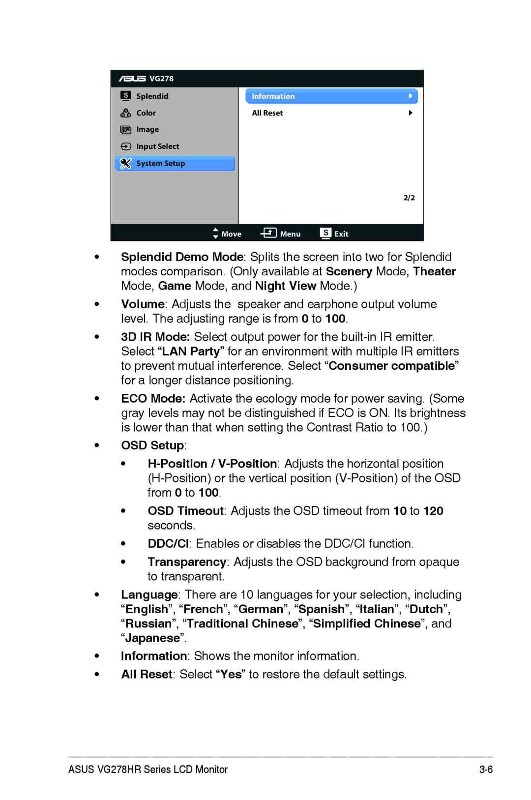 Asus VG278HR manual OSD Setup 