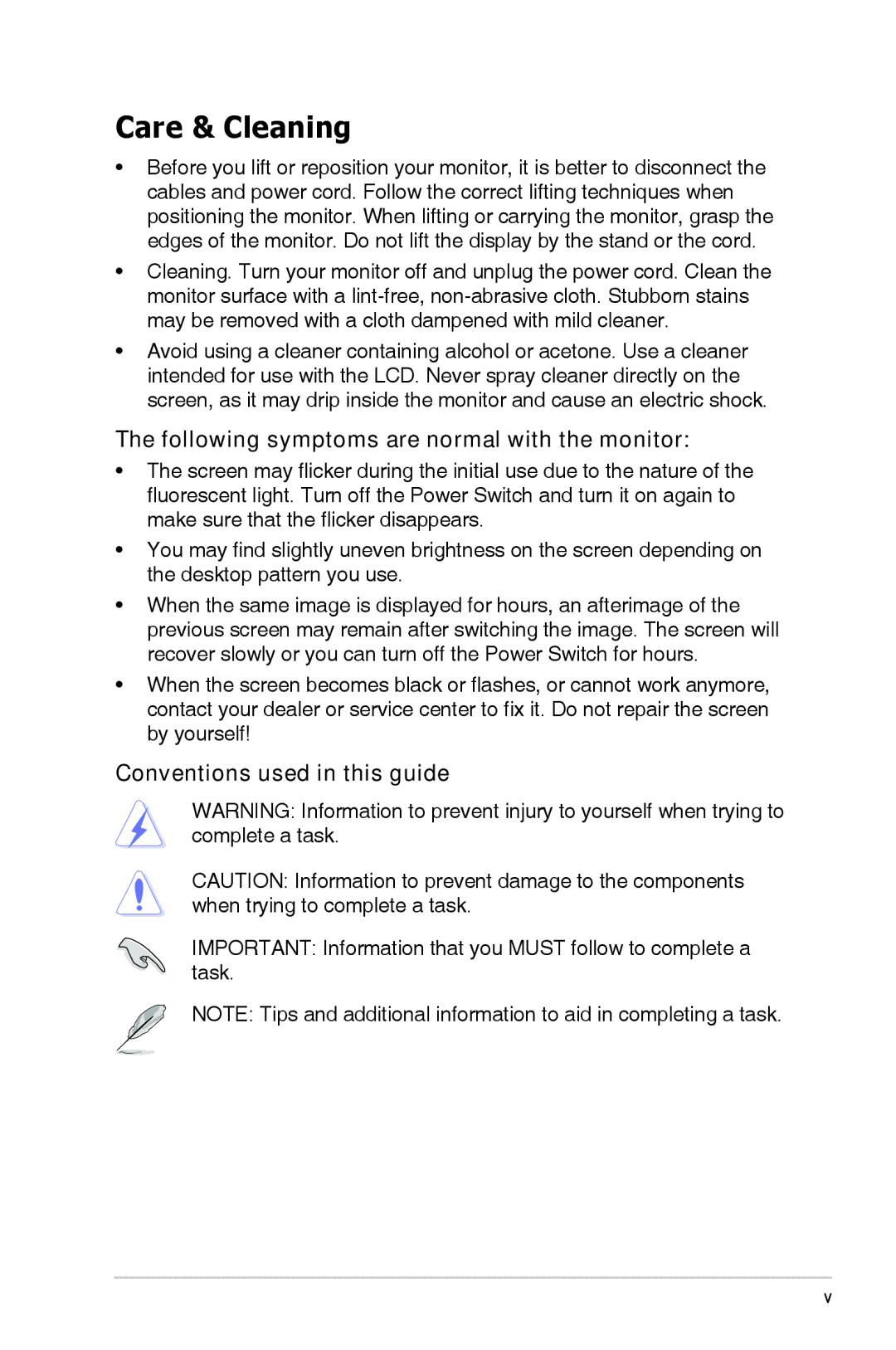 Asus VG278HR manual Care & Cleaning, Following symptoms are normal with the monitor, Conventions used in this guide 