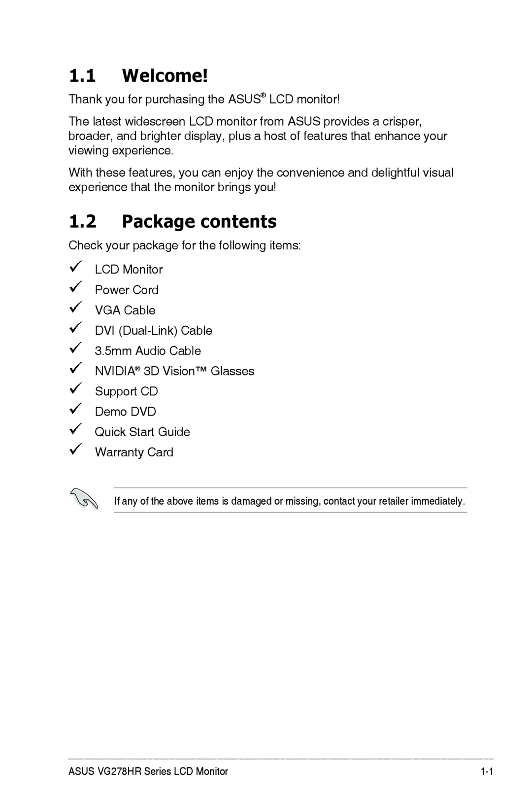 Asus VG278HR manual Welcome, Package contents 