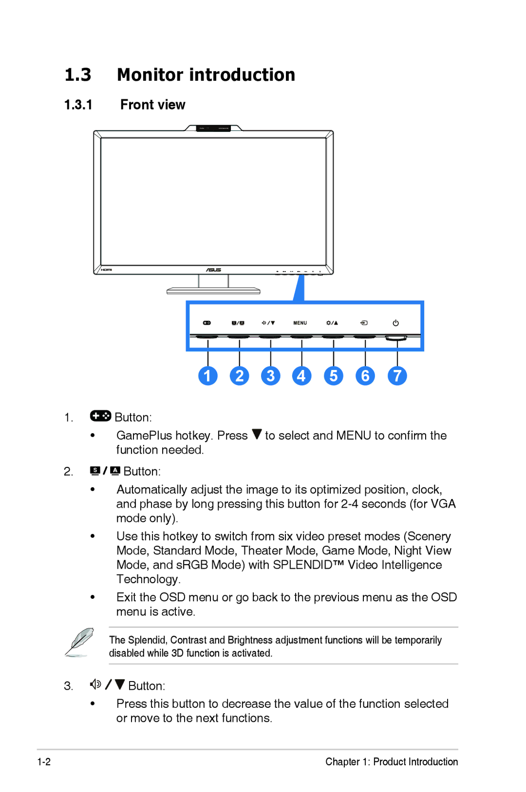 Asus VG278HR manual Monitor introduction, Front view 