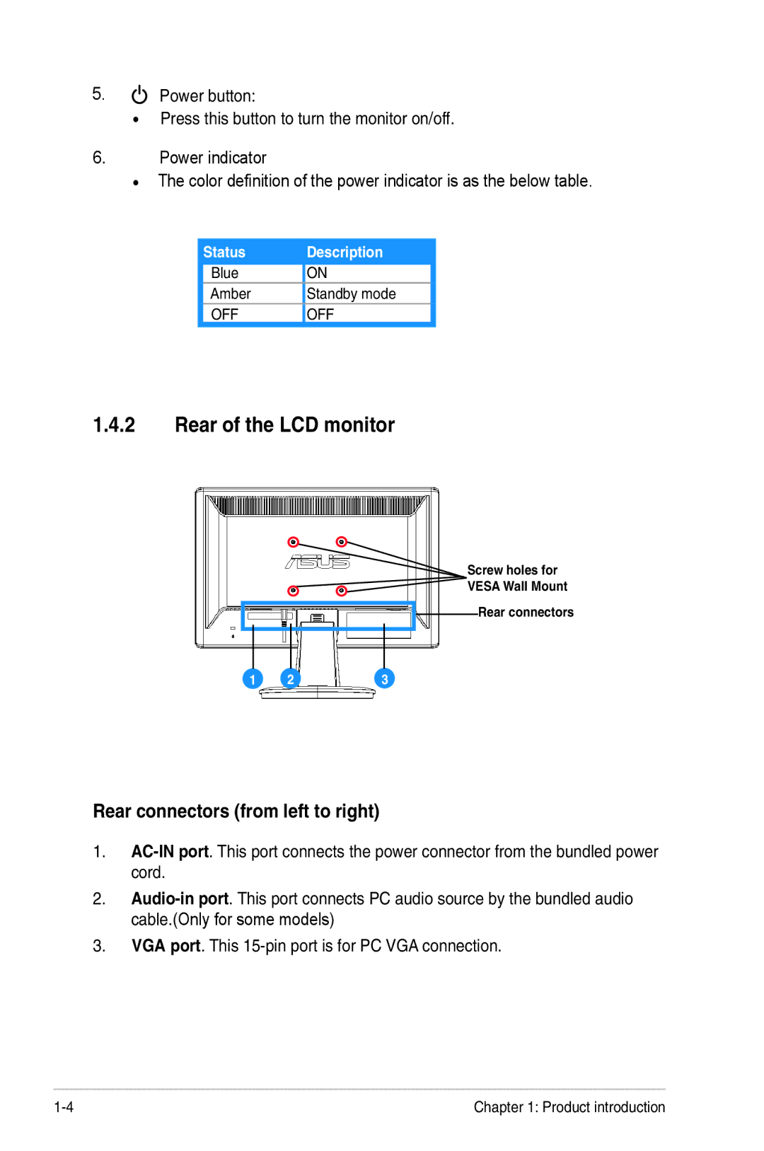 Asus VH162 manual Rear of the LCD monitor, Rear connectors from left to right 