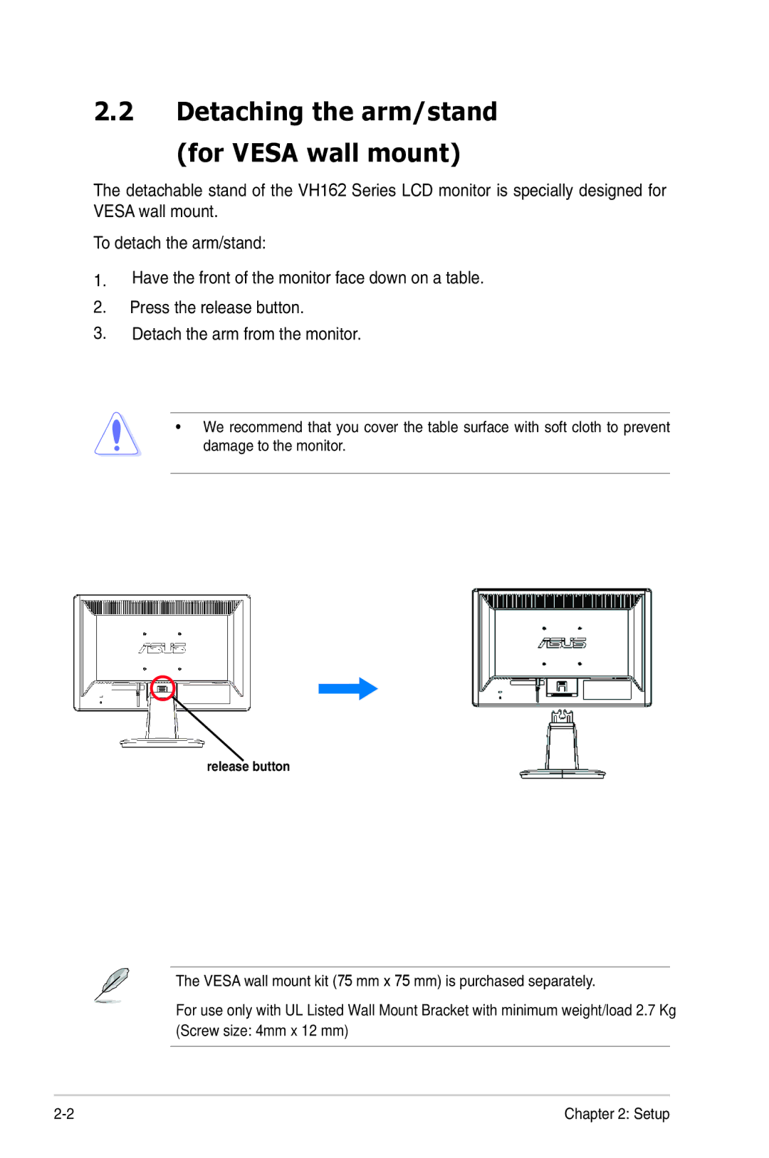 Asus VH162 manual Detaching the arm/stand For Vesa wall mount 