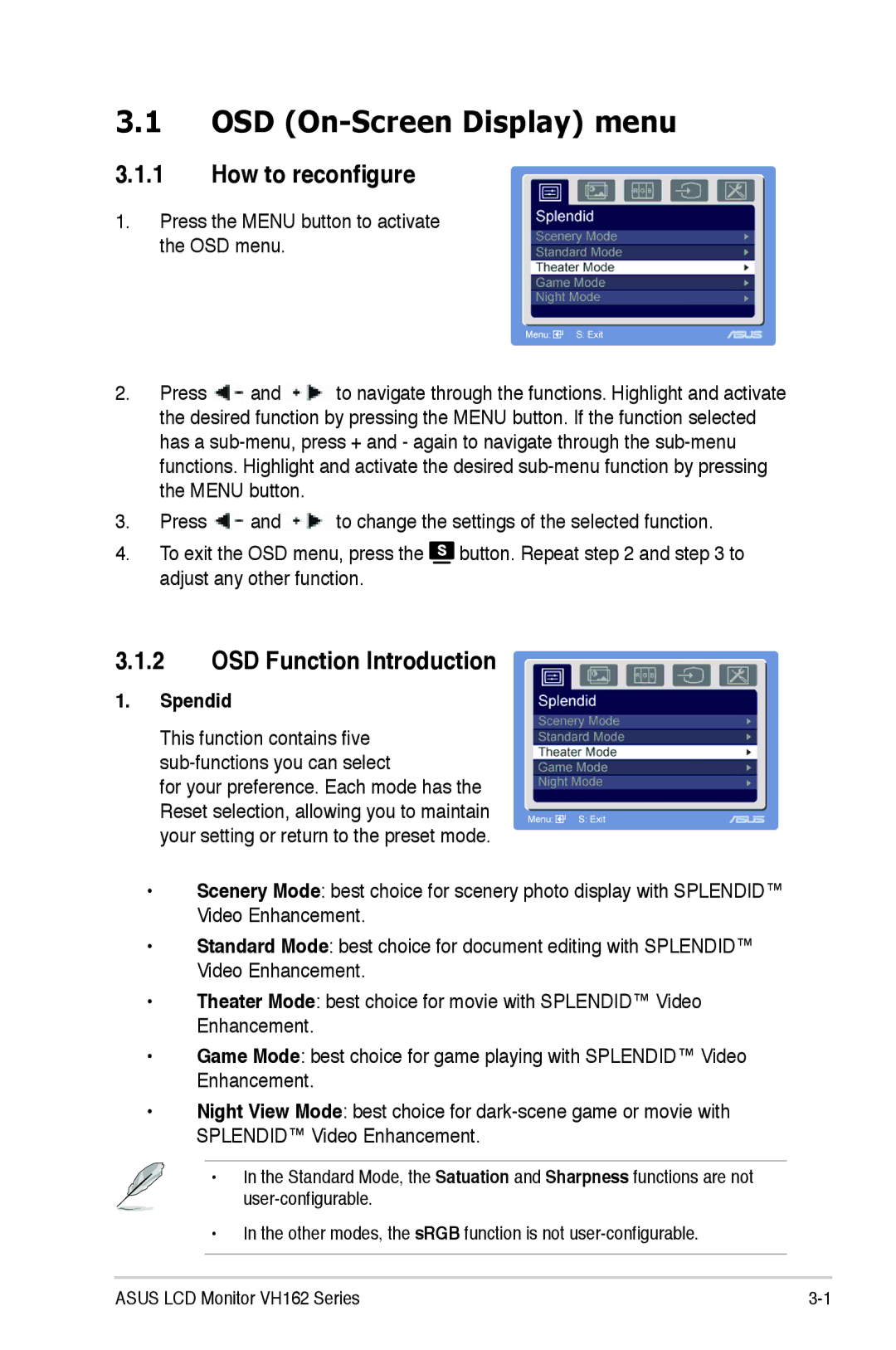 Asus VH162 manual OSD On-Screen Display menu, How to reconfigure, OSD Function Introduction, Spendid 