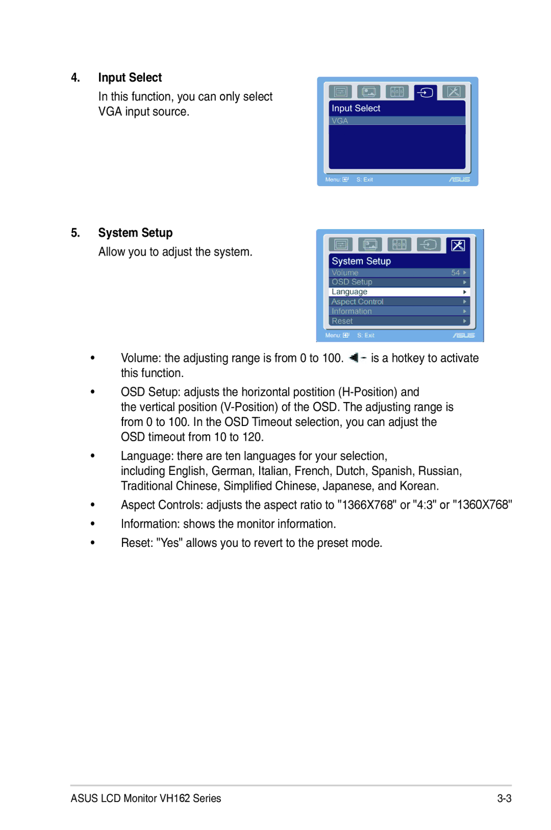 Asus VH162 manual Input Select, System Setup 