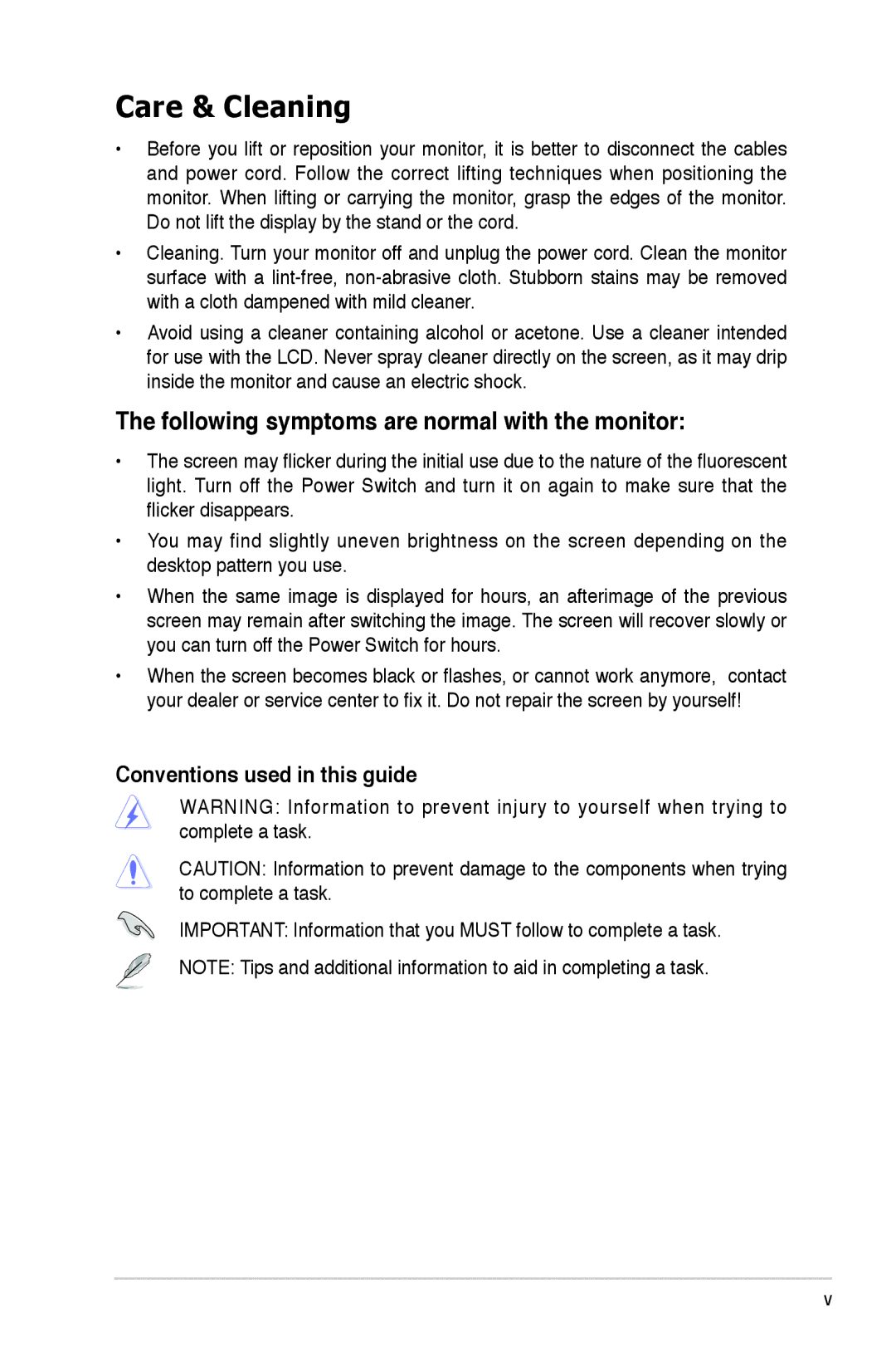 Asus VH162 manual Care & Cleaning, Following symptoms are normal with the monitor, Conventions used in this guide 