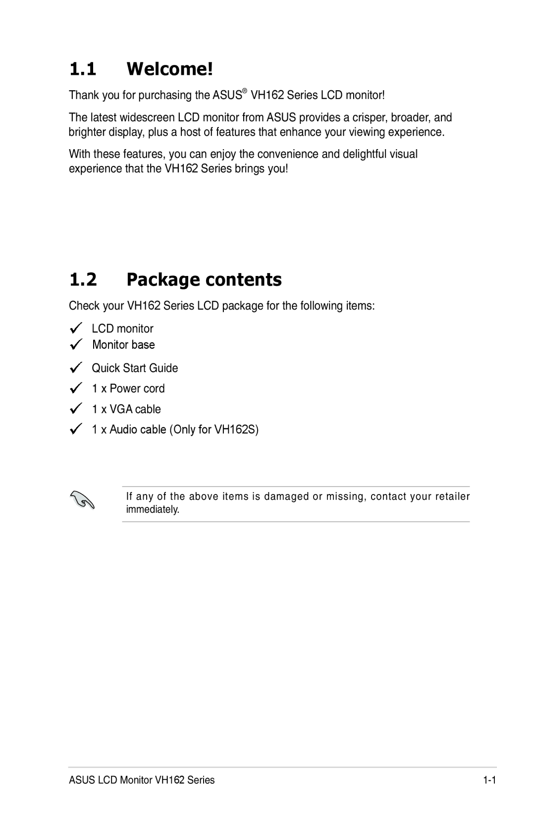 Asus VH162 manual Welcome, Package contents 