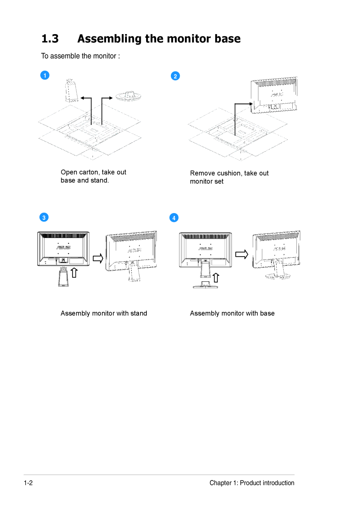 Asus VH162 manual Assembling the monitor base, To assemble the monitor 