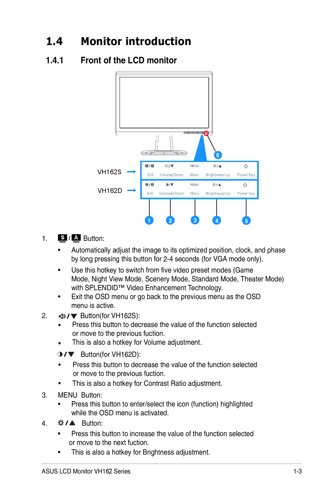 Asus VH162 manual Monitor introduction, Front of the LCD monitor, Button 