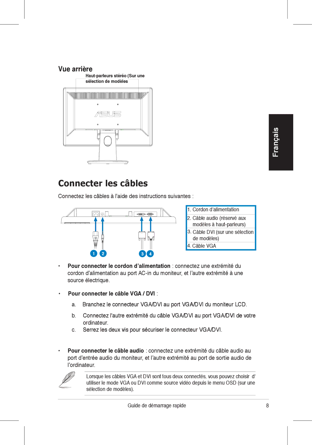 Asus VH198, VH196 quick start Connecter les câbles, Vue arrière, Connectez les câbles à laide des instructions suivantes 