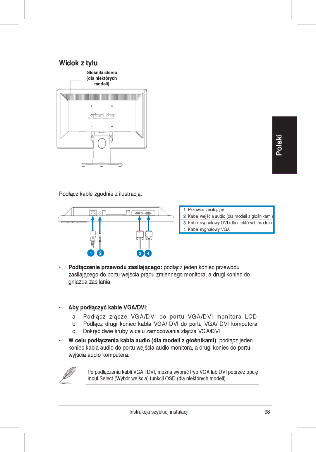 Asus VH198, VH196 quick start Widok z tyłu, Podłącz kable zgodnie z ilustracją 