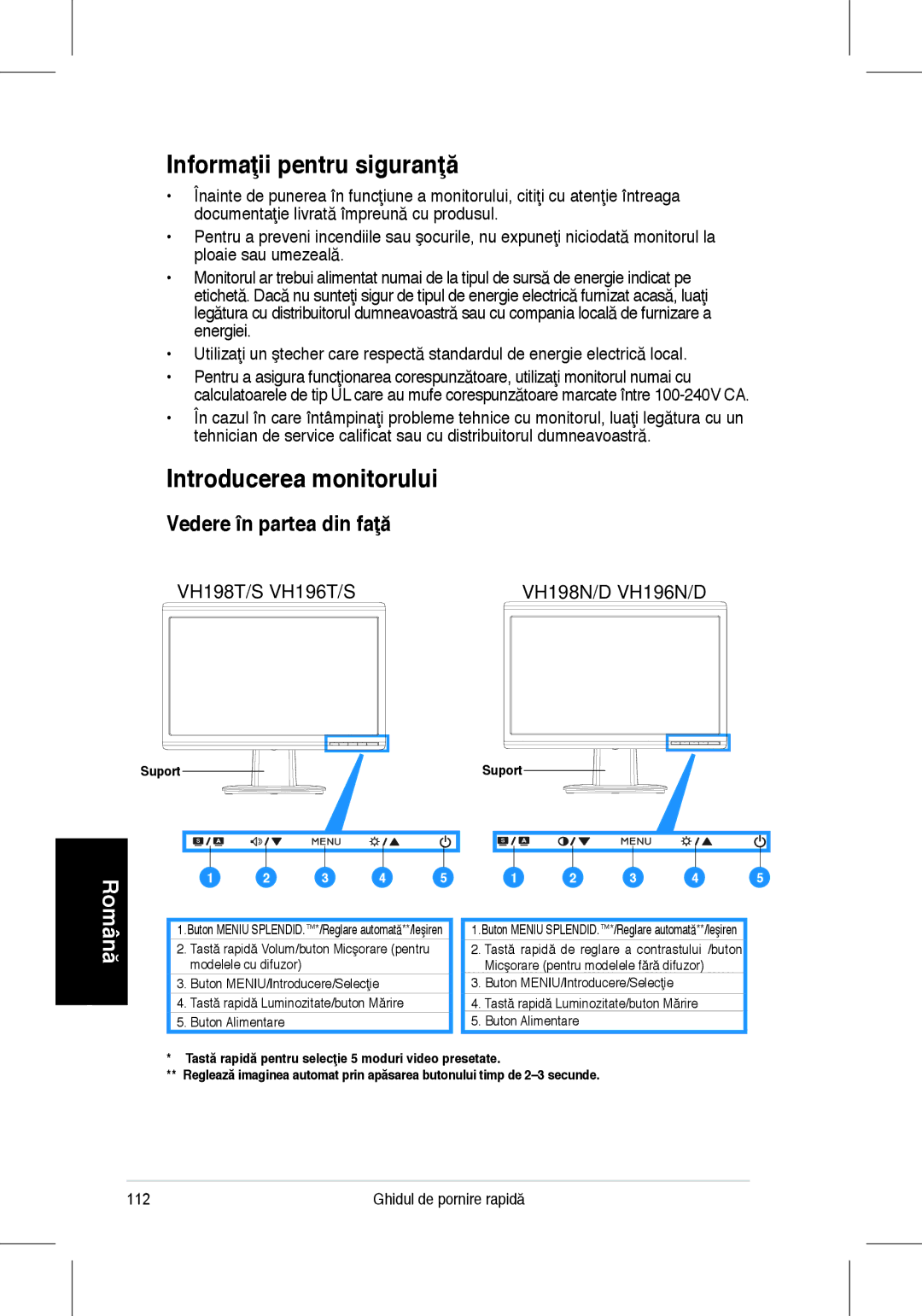 Asus VH198, VH196 quick start Informaţii pentru siguranţă, Introducerea monitorului, Vedere în partea din faţă, Suport 