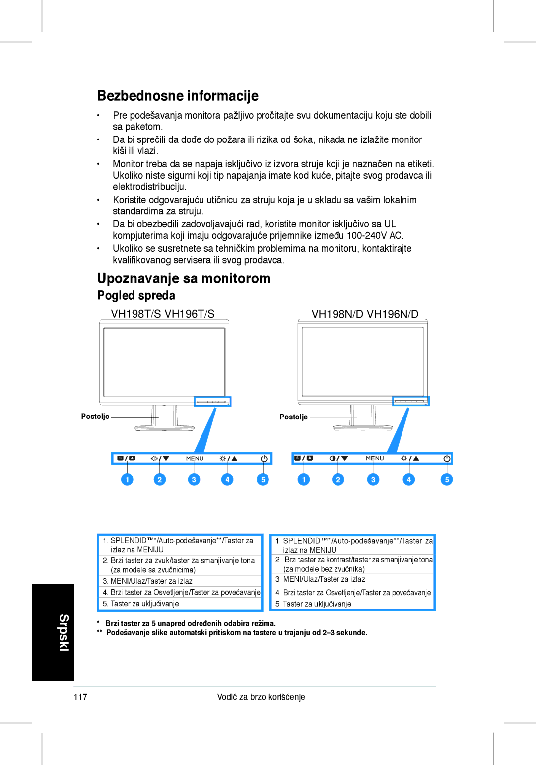 Asus VH196, VH198 quick start Bezbednosne informacije, Upoznavanje sa monitorom, Pogled spreda, Postolje 