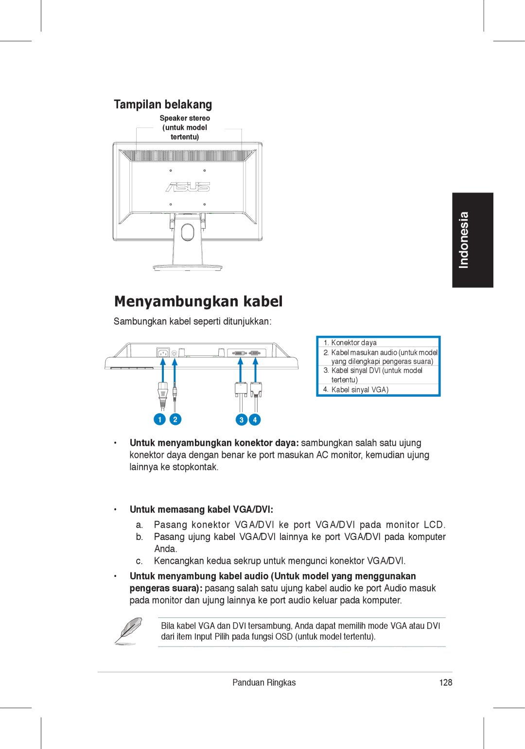 Asus VH198, VH196 quick start Menyambungkan kabel, Tampilan belakang, Sambungkan kabel seperti ditunjukkan 